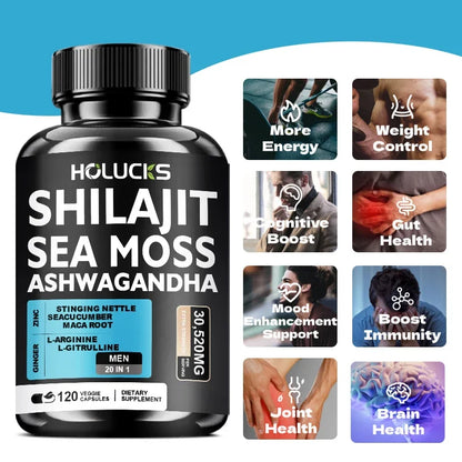 Shilajit +Sea Moss Capsules for Men, Enhance Strength, Energy & Endurance, Improve Immune, Cognitive Boost, Promote Metabolism