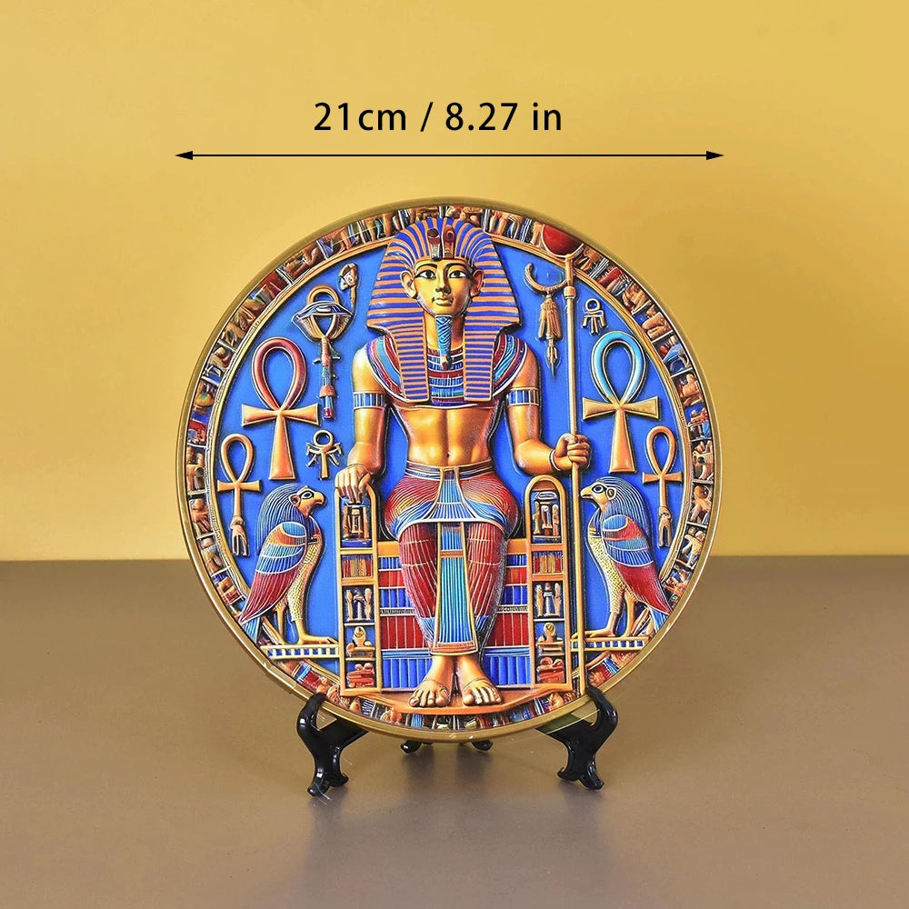 Pharaoh Circular Relief Plaque – 20cm Egyptian Pyramid Resin Desktop Decor