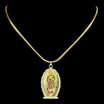 Catholic Virgin Mary Zircons Copper Pendant Necklace for Women Men Stainless Steel Gold Color Our Lady of Guadalupe Jewelry