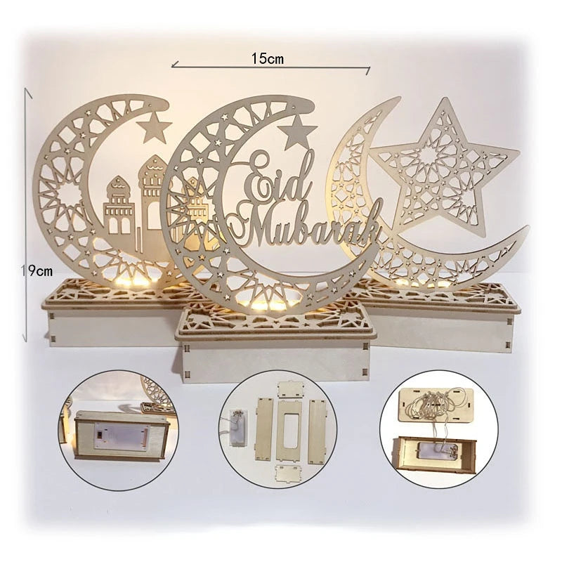 Ramadan Kareem LED Wooden Lantern Eid Mubarak Decoration for Home 2023 Islamic Muslim Party Supply Eid Al-Fitr Ornaments Lantern