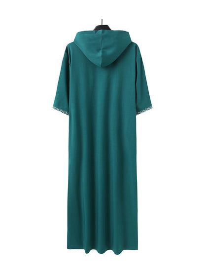 Short-sleeved, hooded, embroidered Muslim pocket Thobe, casual Arab style, traditional Gandoura prayer festival clothing for men