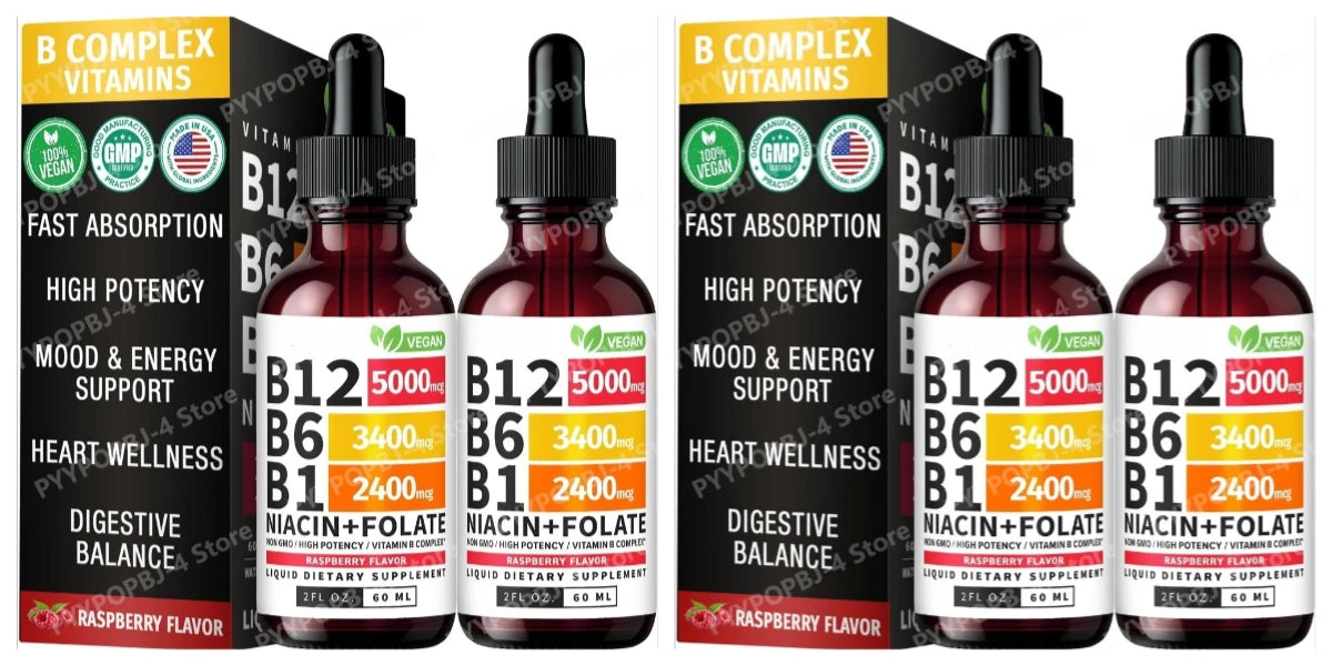 Vitamin B12 and B6 Liquid Drops, B12 Sublingual Vitamin B Complex for Energy Brain and Heart Support with 27,200 mcg Raspberry