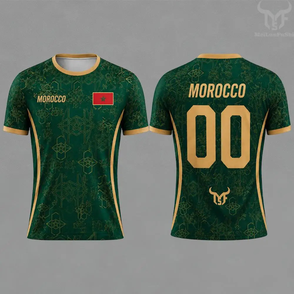 Morocco Flag Print Football Jersey Summer Customizable Name Number O-neck Short-sleeved Men Women Kids Quick Dry Soccer T-shirt