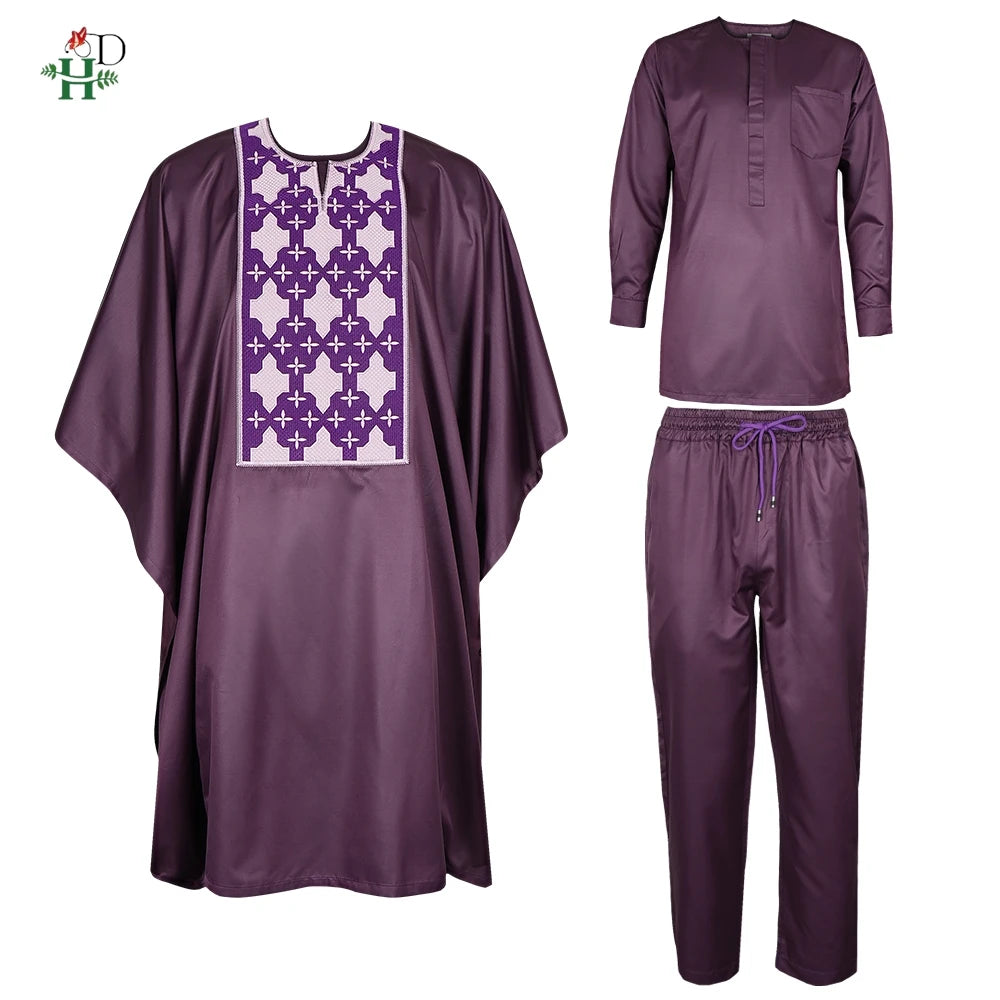 H&D Men Casual Loose Kaftan Muslim Thobe Jubba Dishdasha Thawb Dress 3PCS Agbada Set Arab Purple Color Embroidered Robe New 2026
