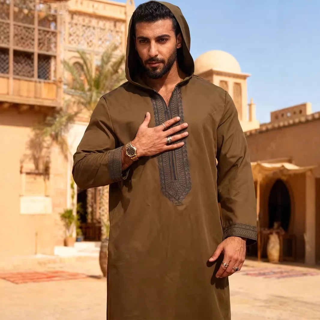 Long Robe Men Jubba Thobe Gown Embroidery Abayas Hooded Middle East Muslim Solid Modest Morocco Dubai Spliced Spring Casuak