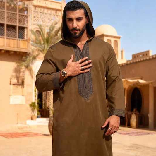 The Spliced Hooded Juba – Men's Embroidered Spring Robe with Contrast Design