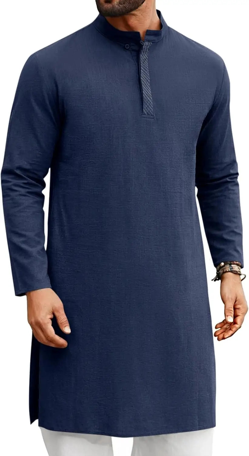 Mens Kaftan Thobe Long Sleeve Casual Henley Shirts Button Down Kurta Cotton Linen Muslim Gown Robe