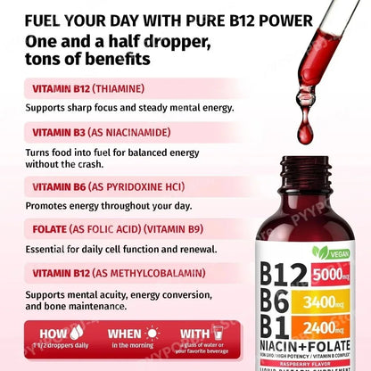 Vitamin B12 and B6 Liquid Drops, B12 Sublingual Vitamin B Complex for Energy Brain and Heart Support with 27,200 mcg Raspberry