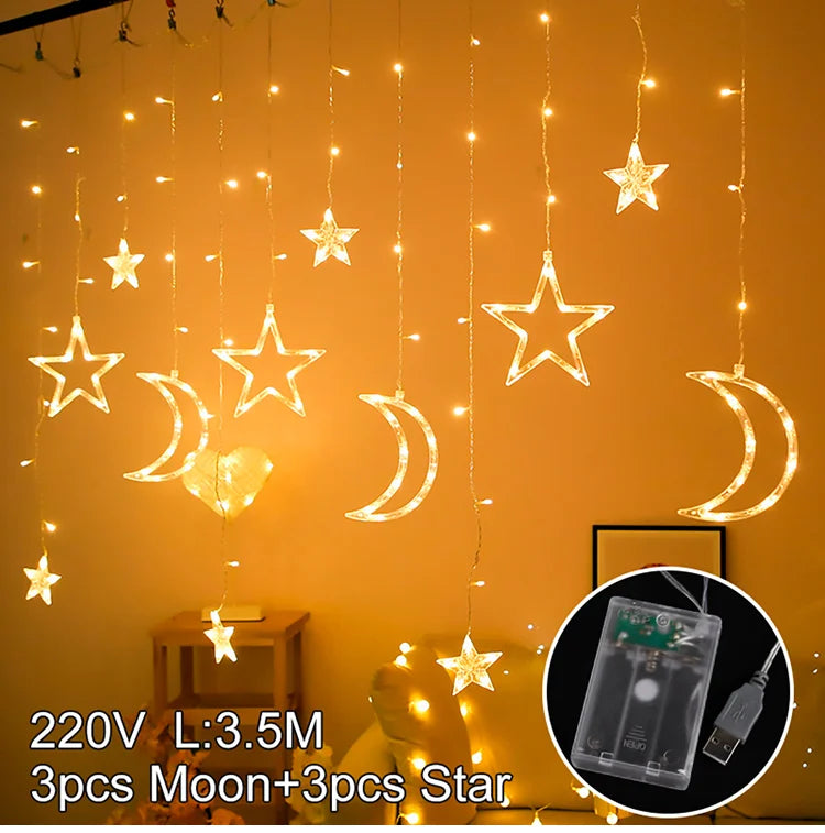 Moon Star Led Curtain Garland String Light EID Mubarak Ramadan Decorations 2025 Home Decor Islam Muslim Event Party Supplies