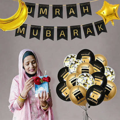 Eid Mubarak Ramadan Kareem Party Black Gold Paper Plates Cup Napkins Mubarak Umrah Banner for Islamic Muslim Festival Decoration