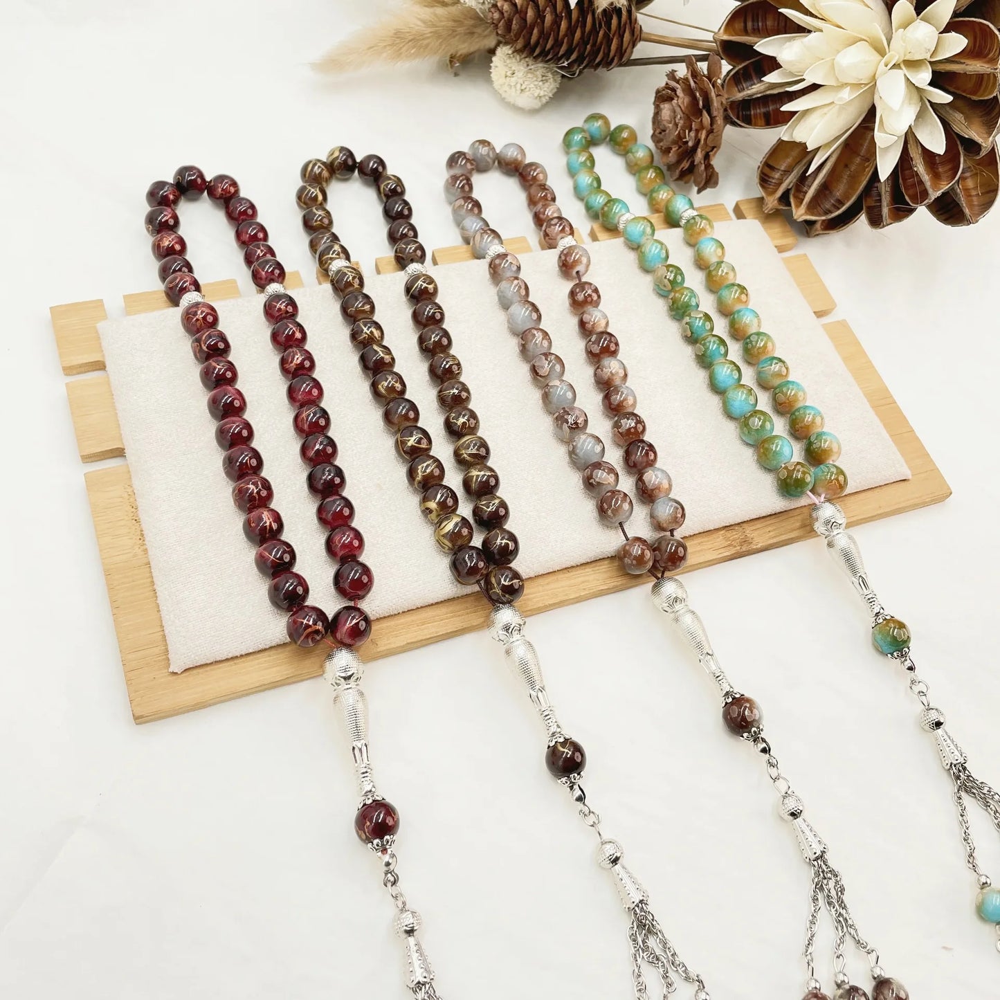 Colorful Islamic Prayer Beads with Metallic Tassel, Muslim Glass Tasbih Bracelet for Ramadan Valentine's Thanksgiving Gift Idea