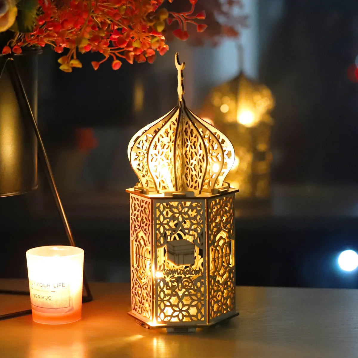 Ramadan Kareem LED Wooden Lantern Eid Mubarak Decoration for Home 2023 Islamic Muslim Party Supply Eid Al-Fitr Ornaments Lantern