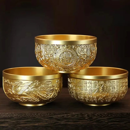 Engrave Bronze Copper Drinking Bowl Auspicious Tibetan Holy Water Milk Tea Cup Golden Buddhist 10 cm Bowl Home's Gift Decorative