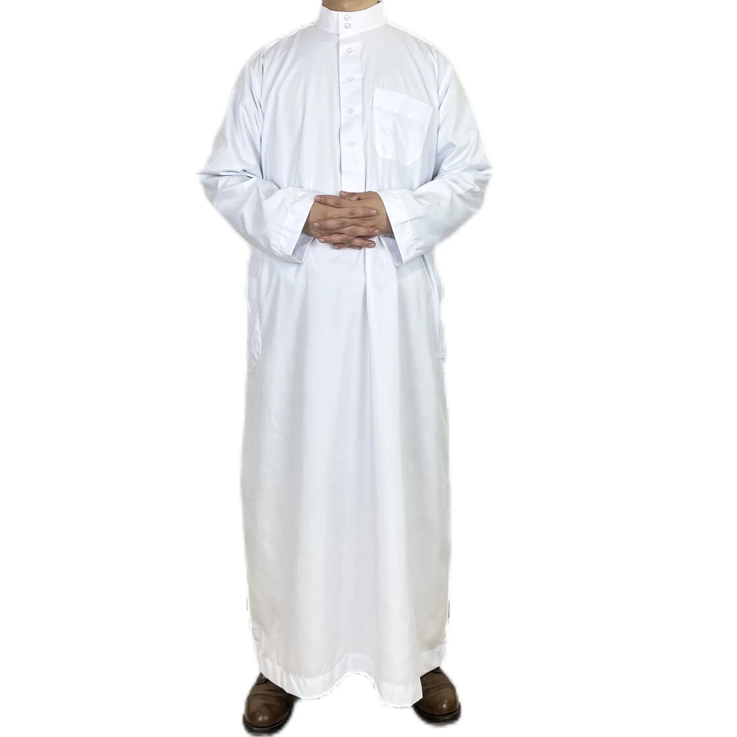 Polyester men's long robe, Qatar style stand collar robe, pocket design, Arabian and Middle Eastern men's clothing, available in