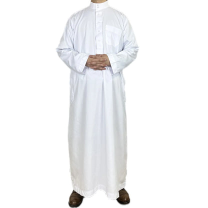 Polyester men's long robe, Qatar style stand collar robe, pocket design, Arabian and Middle Eastern men's clothing, available in