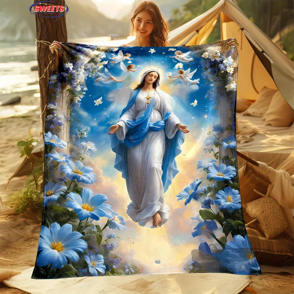 6 Size Merciful Virgin Mary Flannel Art Blanket, Home Sofa Office Nap Blanket for Four Seasons, Machine Washable Flannel Blanket