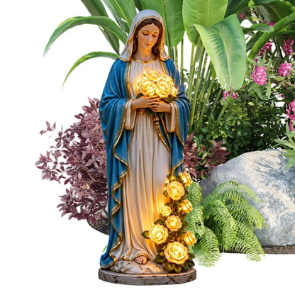 Mary Garden Statue Outdoor Christian Statue Blessed Mother Garden Light Statue with Glowing Rose Usb Lamp For Lawn Patio Porch