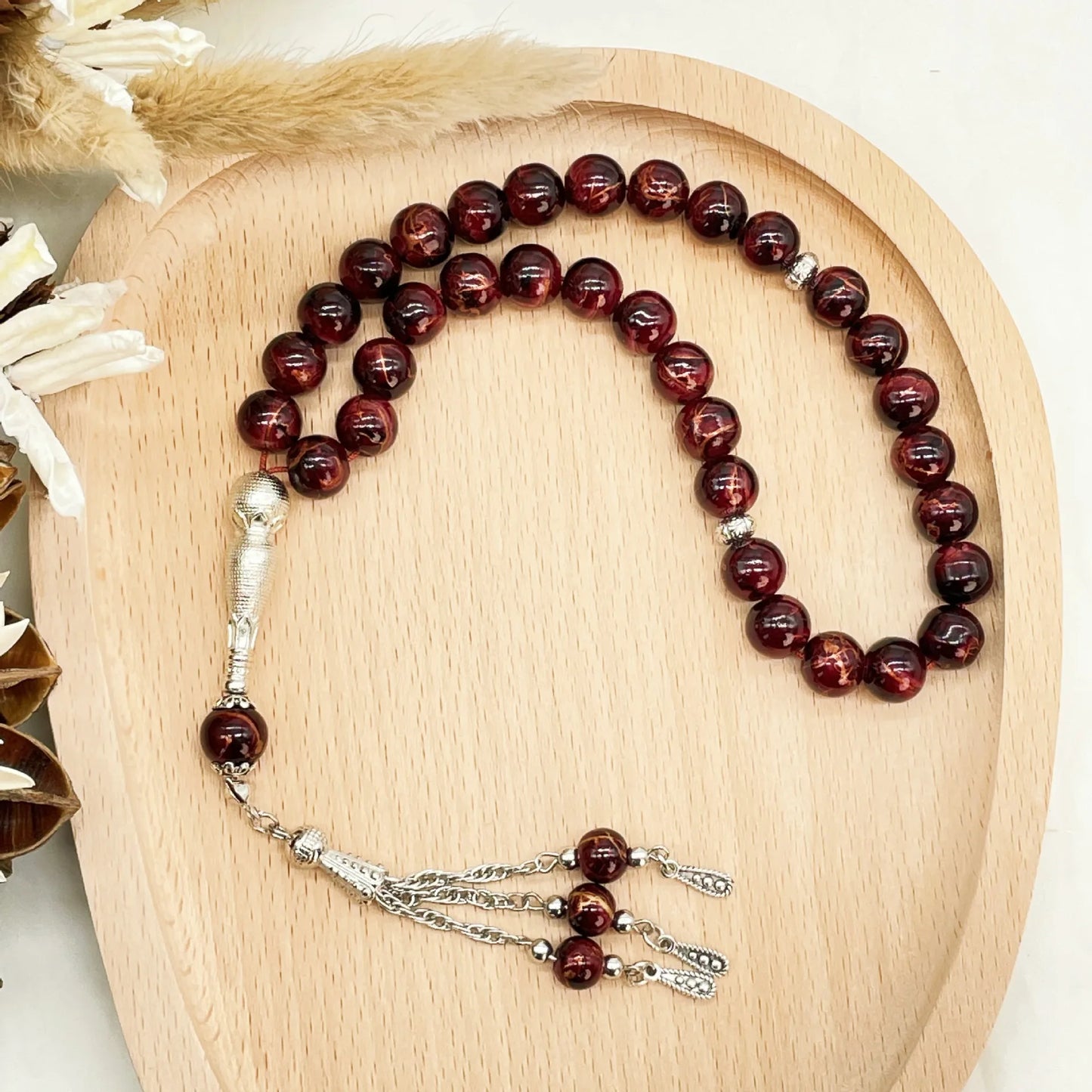 Colorful Islamic Prayer Beads with Metallic Tassel, Muslim Glass Tasbih Bracelet for Ramadan Valentine's Thanksgiving Gift Idea