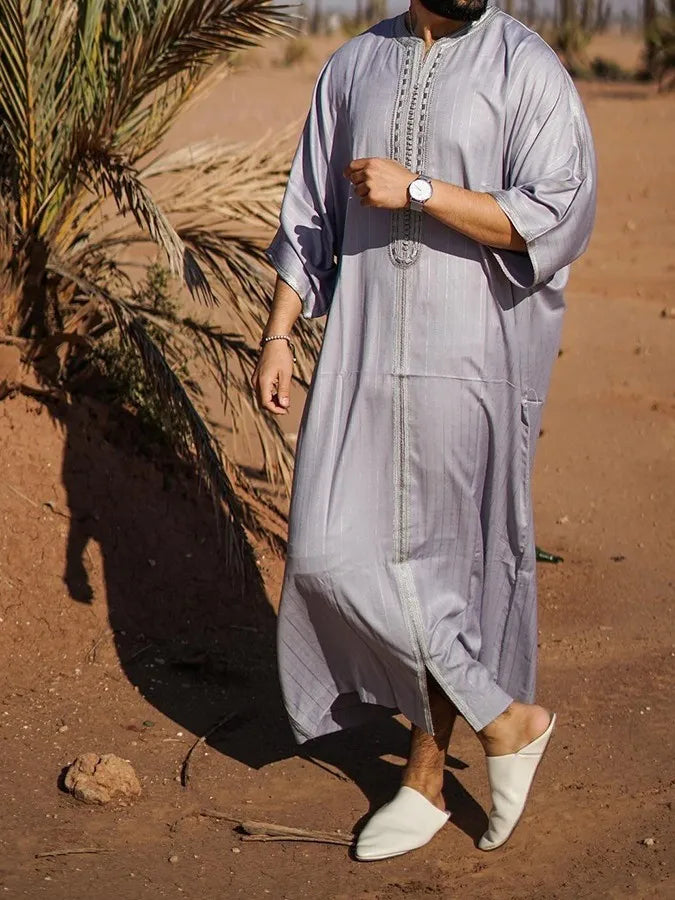 ElzEy Men's Long Sleeve Muslim Abaya Lslamic Dress Middle Eastern Saudi Clothing Moroccan Man Thobe Jubba Kandora Djellaba