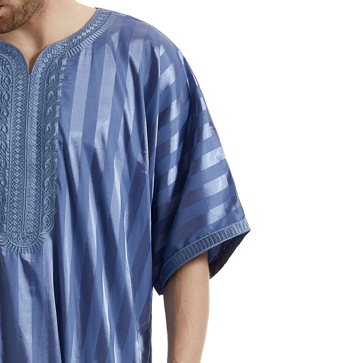 Middle Eastern Muslim Men's Striped Middle Sleeve Embroidered Robe Half Sleeve Arabic Costume Traditional Men's Robe