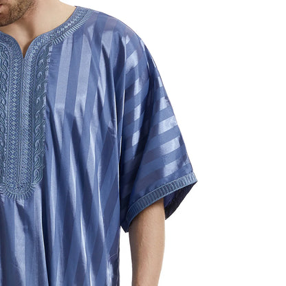 Middle Eastern Muslim Men's Striped Middle Sleeve Embroidered Robe Half Sleeve Arabic Costume Traditional Men's Robe