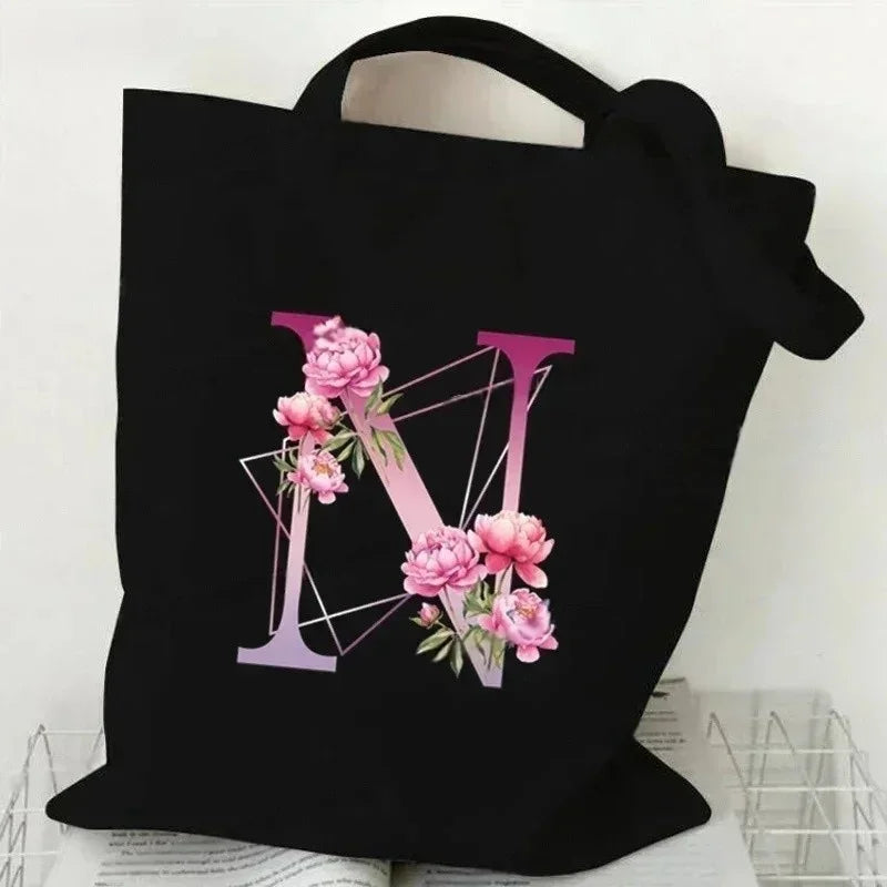 Noir Florale – Black Purple Alphabet Canvas Shoulder Tote