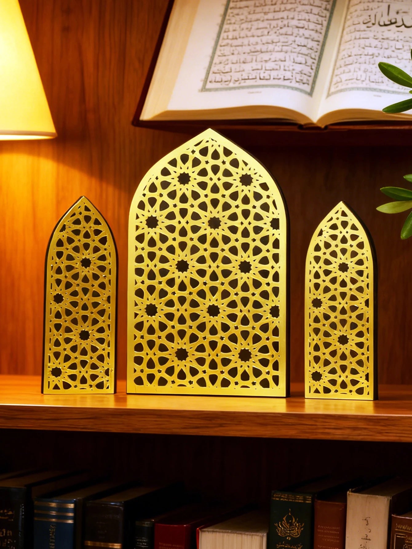 3Pcs/Set Islamic Geometric Arch Decor Golden & Floral Acrylic Table Ornaments Wooden Festive Home Decor for Ramadan & Eid Gifts