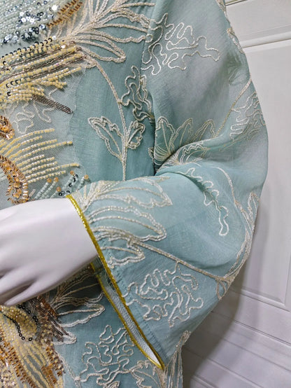 Zahraa Dubai Sequins Luxury Woman Evening Dress Mesh Embroidered Abaya V-Neck Caftan Marocain Femme 2026
