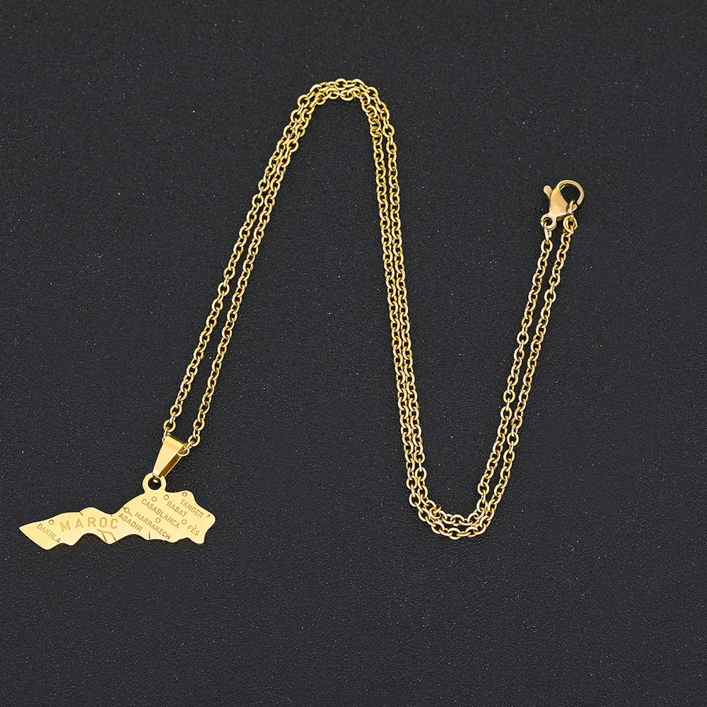 Morocco Map & Cities Pendant – Stainless Steel Necklace, Gold & Silver Color
