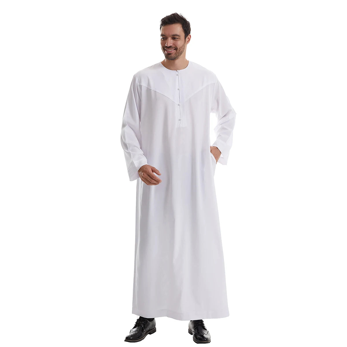 TH839 Men's Muslim Middle Eastern Men Long Sleeves Pure Color Buckle Robe Ramadan Eid Jubba Thobe