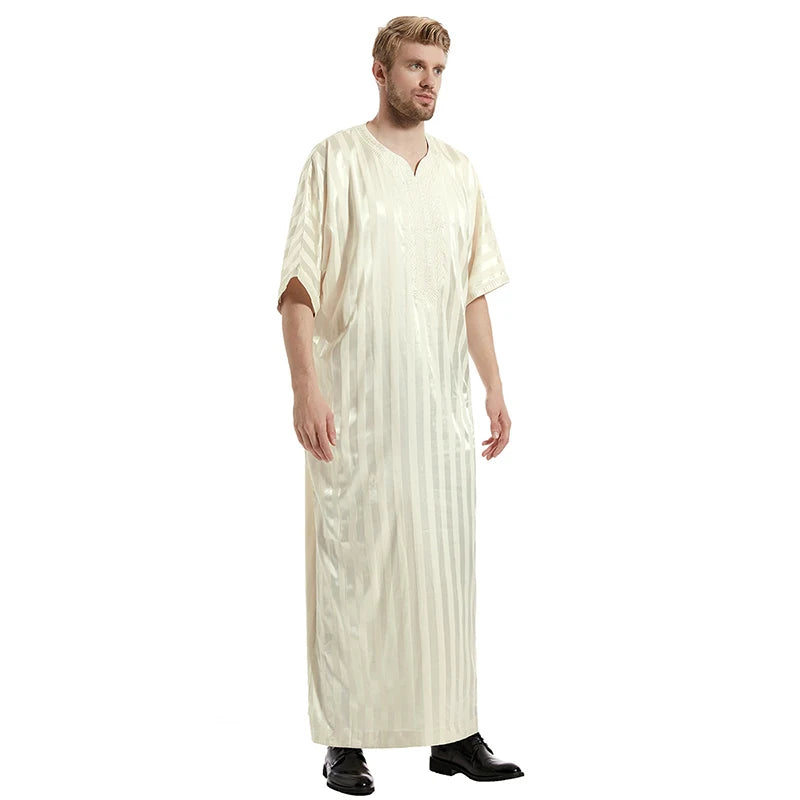 Middle Eastern Muslim Men's Striped Middle Sleeve Embroidered Robe Half Sleeve Arabic Costume Traditional Men's Robe