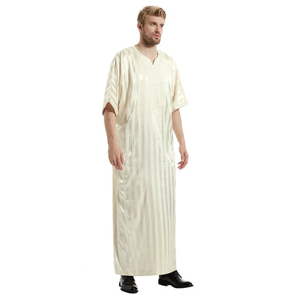 Middle Eastern Muslim Men's Striped Middle Sleeve Embroidered Robe Half Sleeve Arabic Costume Traditional Men's Robe