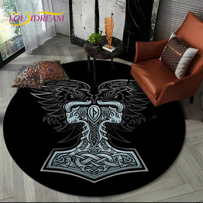 Viking Valknut Yggdrasil Tree of Life Round Area Rug,Carpet Rug for Living Room Bedroom Sofa Playroom Decor,Non-slip Floor Mat