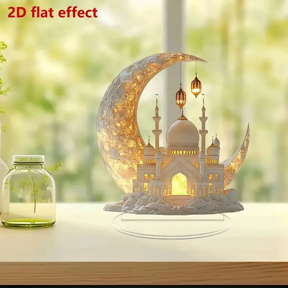 2D Flat 1pc Boho Style Ramadan Crescent Mosque Tabletop Decor, 2D Flat Acrylic Islamic Art, Multipurpose Home Decoration