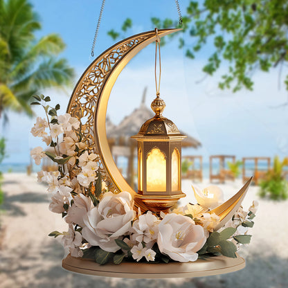 1Pcs Ramadan Golden Moon Hanging Decoration with Lighted Lantern Floral Decoration Eid Al-Fitr Islamic Style Hanging Ornament