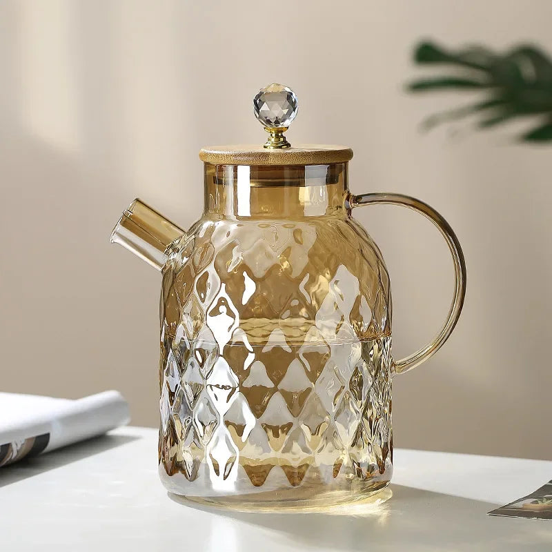Glass Tea Kettle with Bamboo Lid – Removable Filter, 1-1.8L for Loose Leaf & Fruit Tea