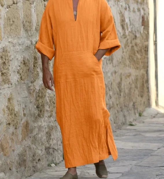 The Essential Thobe – Solid Color Cotton Linen Kaftan for Men