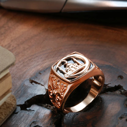 SYOUJYO Black Signet Men's Ring With 585 Rose Gold Color Castle Pattern Exquisite Carving Big Size Easy-Matching Daily Jewelry