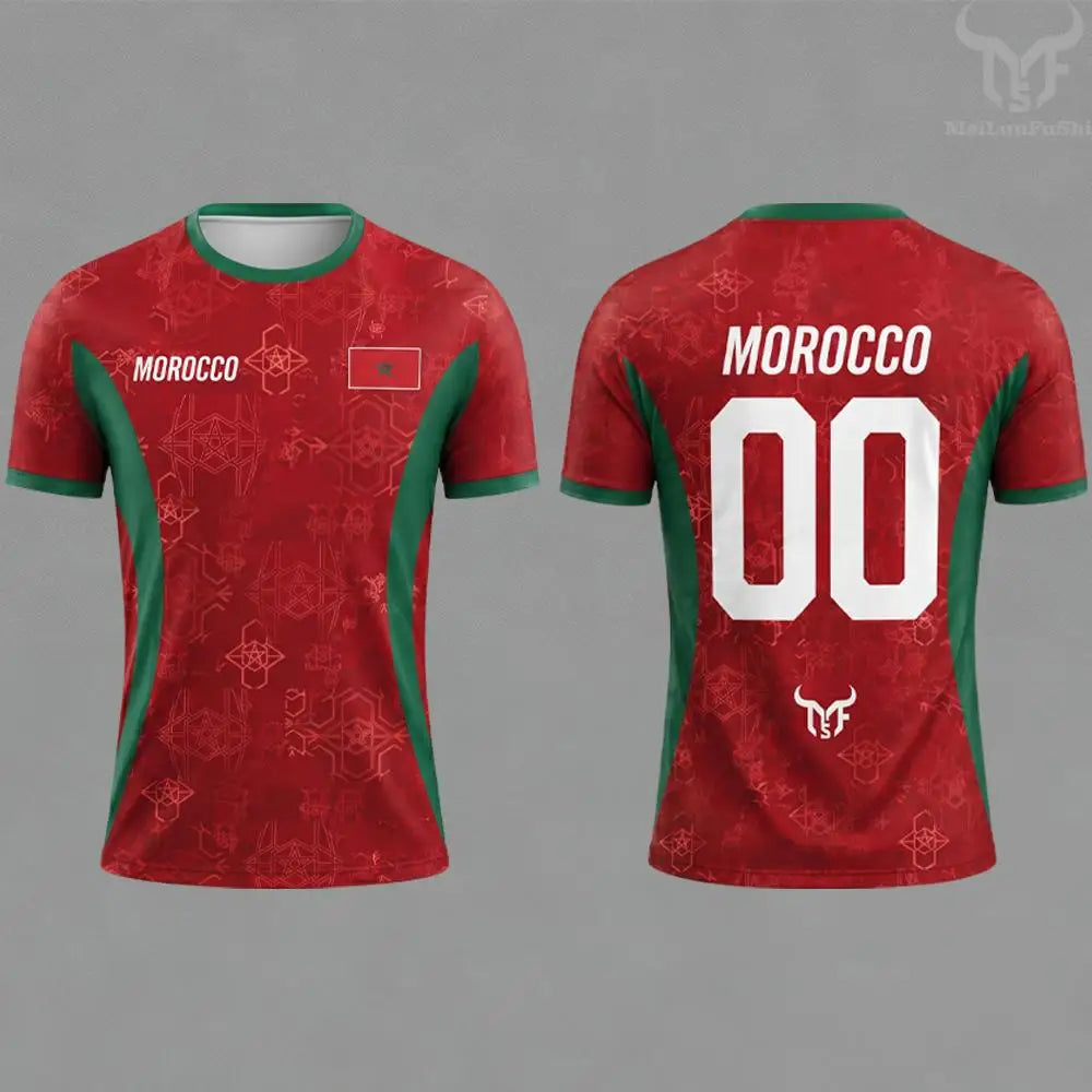 Morocco Flag Print Football Jersey Summer Customizable Name Number O-neck Short-sleeved Men Women Kids Quick Dry Soccer T-shirt
