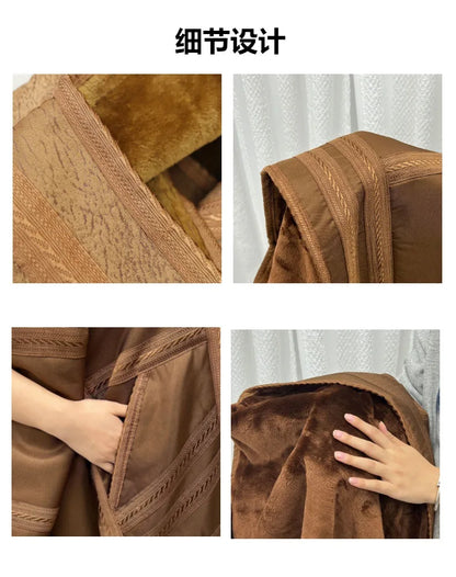 Wholesale Men's Scalp Abaya Men Winter Fur Thicken Suede Men's Robe Cardigan Bisht Muslim Coat Fleece Warm Islam Clothing