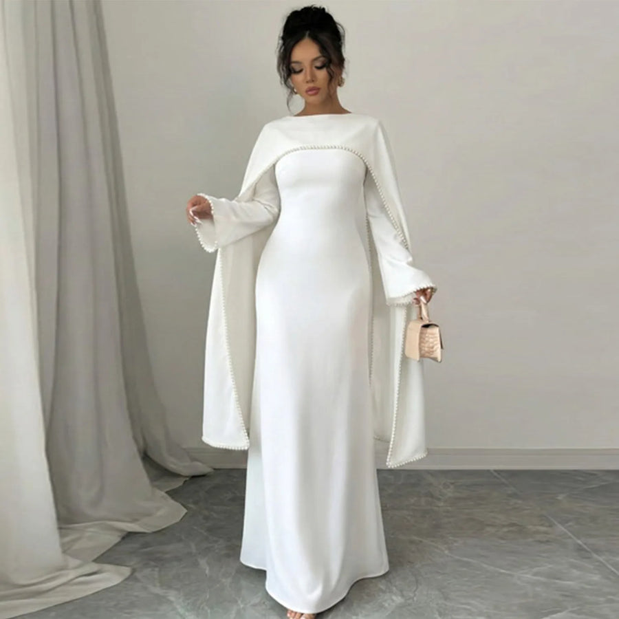Pearls of Purity – White Cape Sleeve Maxi Dress for the Muslim Woman in America