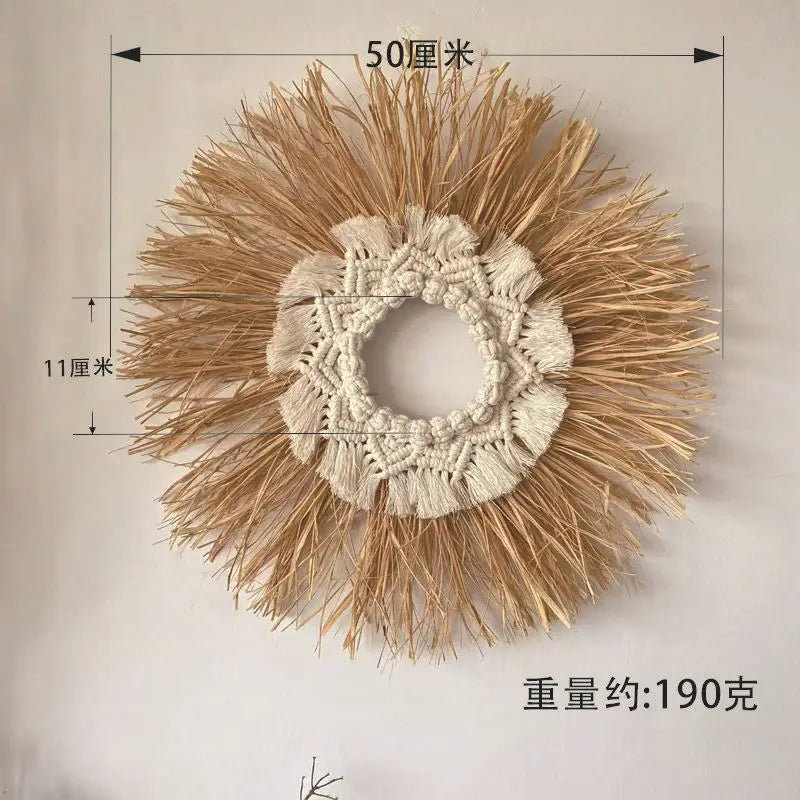 Raffia Woven Wall Hanging, Japanese Moroccan Style Grass Decor for Hotel B&B, Wooden Frame Wall Art