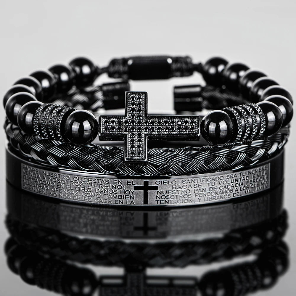 Men'S Vintage Black Onyx Beaded Bracelet with Synthetic Zirconia Cross, Bible Verses Stainless Steel Wristband Religious Jewelry
