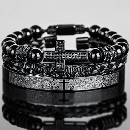 Men'S Vintage Black Onyx Beaded Bracelet with Synthetic Zirconia Cross, Bible Verses Stainless Steel Wristband Religious Jewelry