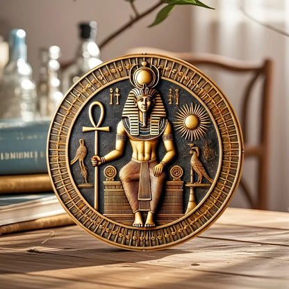 Round Wooden Pharaoh & Ankh Amon Wall Sign – 7.87-Inch Egyptian Heritage Decor