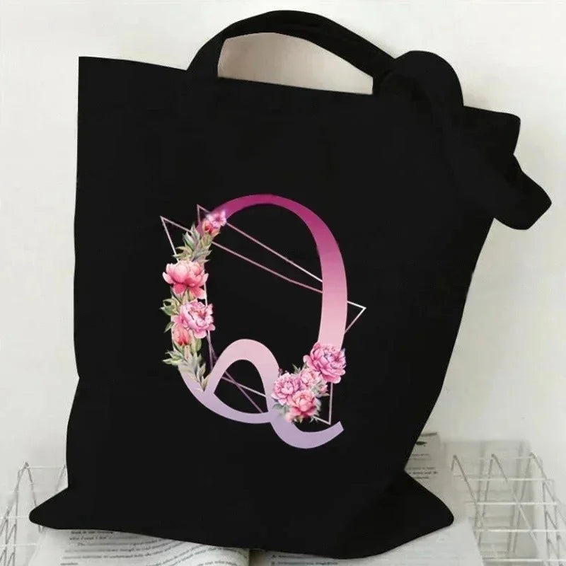 Noir Florale – Black Purple Alphabet Canvas Shoulder Tote