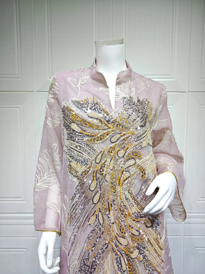 Zahraa Dubai Sequins Luxury Woman Evening Dress Mesh Embroidered Abaya V-Neck Caftan Marocain Femme 2026