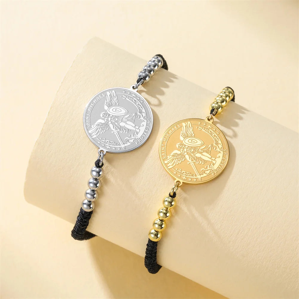 St. Michael Archangel Bracelet Stainless Steel Adjustable Link Chain Braided Rope Jewelry Protect Us Religious Amulet Christian