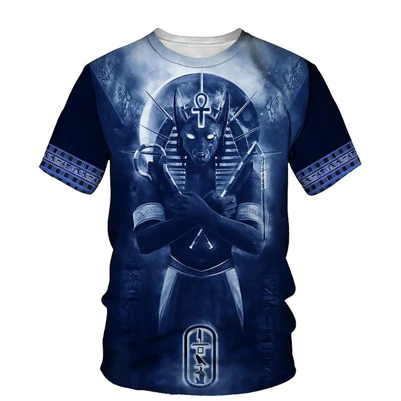 Golden Pharaoh & Anubis T-Shirt – Men's Egyptian Print O-Neck Short Sleeve Tee