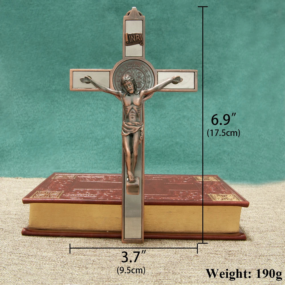 HTISOK Catholic Cross Zinc Alloy Crucifix with St. Benedict Medal & INRI, 6.9" Gift-Boxed Religious Wall Decor for Home Altar